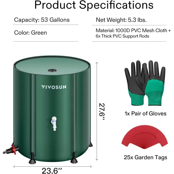 VIVOSUN Collapsible Rain Barrel, 53 Gallon with 1000D Oxford Cloth, Portable Rain Collection System, Water Barrel Collector w/Filter Spigot, Green