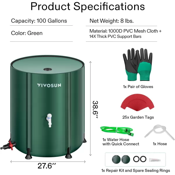 VIVOSUN Collapsible Rain Barrel, 53 Gallon with 1000D Oxford Cloth, Portable Rain Collection System, Water Barrel Collector w/Filter Spigot, Green