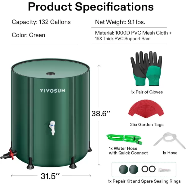 VIVOSUN Collapsible Rain Barrel, 53 Gallon with 1000D Oxford Cloth, Portable Rain Collection System, Water Barrel Collector w/Filter Spigot, Green