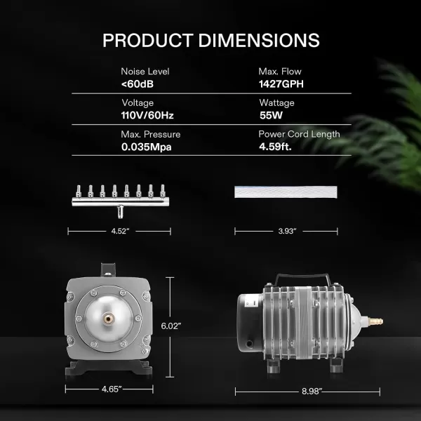 VIVOSUN Commercial Air Pump 1110 GPH 8 Outlet 40W 70L/min for Aquarium and Hydroponic Systems