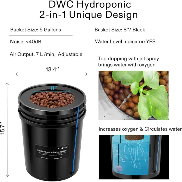 VIVOSUN DWC Hydroponics Grow System with Top Drip Kit, 5-Gallon Deep Water Culture, Recirculating Drip Garden System with Multi-Purpose Air Hose, Air Pump, and Air Stone 