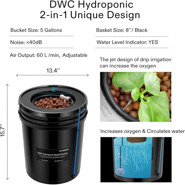 VIVOSUN DWC Hydroponics Grow System with Top Drip Kit, 5-Gallon Deep Water Culture, Recirculating Drip Garden System with Multi-Purpose Air Hose, Air Pump, and Air Stone 