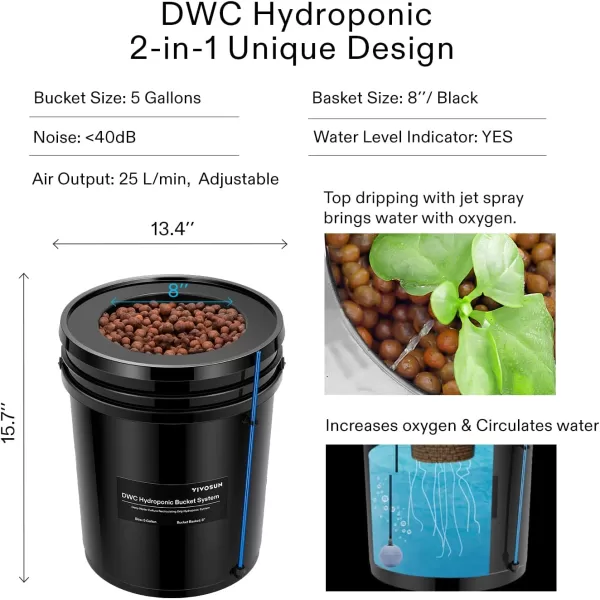 VIVOSUN DWC Hydroponics Grow System with Top Drip Kit, 5-Gallon Deep Water Culture, Recirculating Drip Garden System with Multi-Purpose Air Hose, Air Pump, and Air Stone 