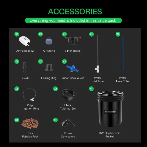 VIVOSUN DWC Hydroponics Grow System with Top Drip Kit, 5-Gallon Deep Water Culture, Recirculating Drip Garden System with Multi-Purpose Air Hose, Air Pump, and Air Stone 