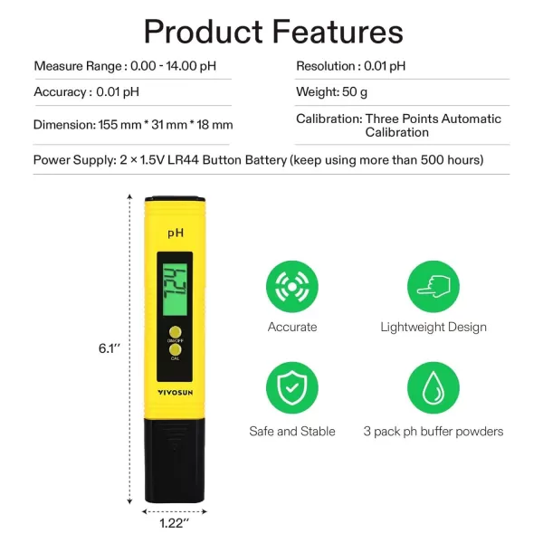 VIVOSUN Digital pH Meter, 0.01pH High Accuracy Pen Type pH Tester for Hydroponics, Household Drinking, Pool and Aquarium, UL Certified