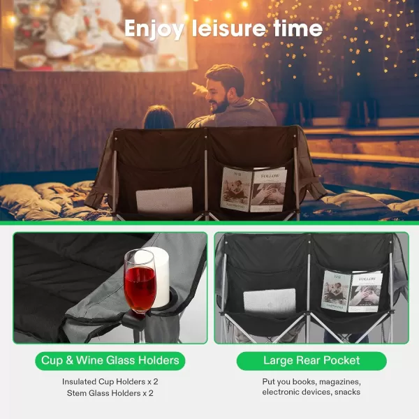 VIVOSUN Double Camping Chair, Fully Padded Folding Loveseat, Oversized Duo Chair with Cup &amp; Wine Glass Holders, Pocket, Armrests &amp; Carry Bag, Supports up to 500lbs