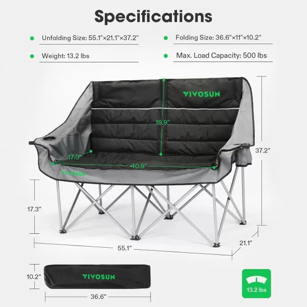 VIVOSUN Double Camping Chair, Fully Padded Folding Loveseat, Oversized Duo Chair with Cup &amp; Wine Glass Holders, Pocket, Armrests &amp; Carry Bag, Supports up to 500lbs