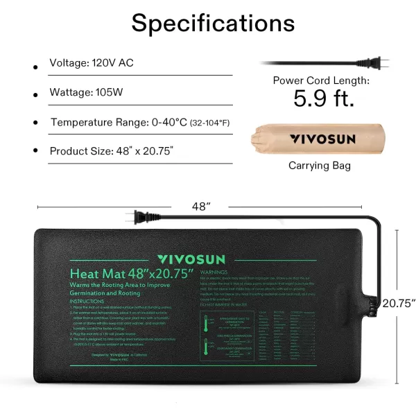 VIVOSUN Durable Waterproof Seedling Heat Mat 48" x 20.75" UL &amp; MET-Certified Warm Hydroponic Heating Pad for Germination, Indoor Gardening, Greenhouse