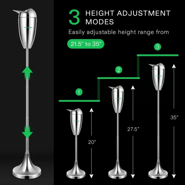 VIVOSUN Floor Standing Ash Tray, Outdoor Ashtray with Stainless Steel Lid, Adjustable Height from 21.5" to 35" for Home, Patio, Chrome
