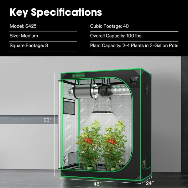 VIVOSUN G425 48"x24"x60" Grow Tent, 4x2 FT Advanced Gray Grow Tent with 19mm Poles, Observation Window and Floor Tray for Hydroponic Plants for VS2000