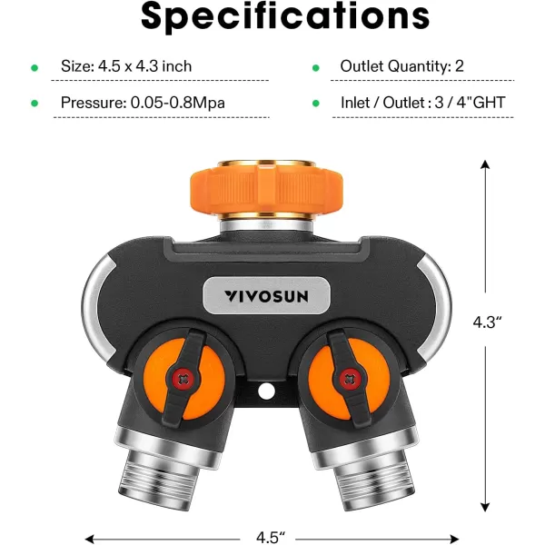 VIVOSUN Garden Hose Splitter 2 Way Heavy Duty, Upgraded Highly Durable Dual Water Hose Connector, Faucet Adapter with Comfortable Rubberized Grip for Drip Irrigation, Lawns