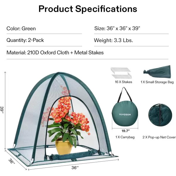 VIVOSUN Garden Netting Cover, 36 x 36 x 39 Inch Pop-up Guard Cover with Zip Entry for Plants, Vegetables, Fruits, Outdoor Run and Enclosure for Small Animals, 2-Pack, Green