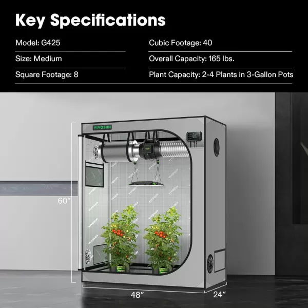 VIVOSUN Gray 4x2 Grow Tent, 48"x24"x60" High Reflective Mylar with 16mm Poles, Observation Window and Floor Tray for Hydroponics Indoor Plant Growing for VS1000/VS2000