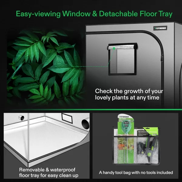 VIVOSUN Gray 4x2 Grow Tent, 48"x24"x60" High Reflective Mylar with 16mm Poles, Observation Window and Floor Tray for Hydroponics Indoor Plant Growing for VS1000/VS2000