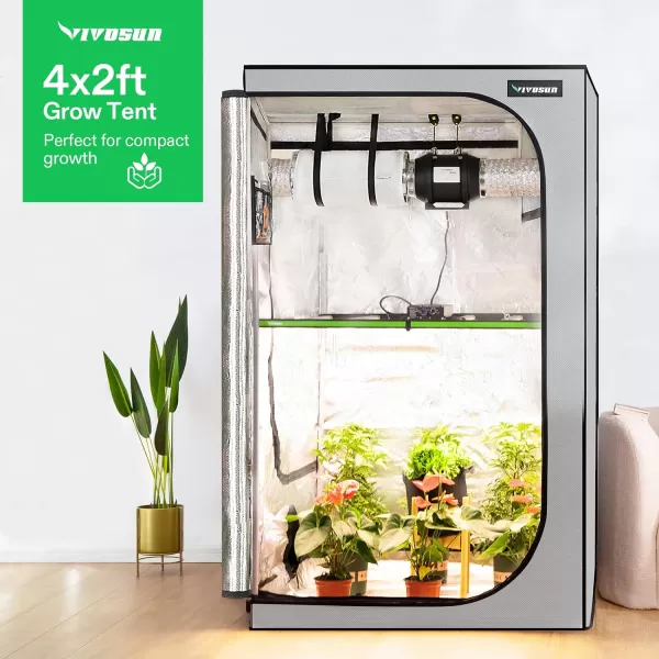 VIVOSUN Gray 4x2 Grow Tent, 48"x24"x60" High Reflective Mylar with 16mm Poles, Observation Window and Floor Tray for Hydroponics Indoor Plant Growing for VS1000/VS2000