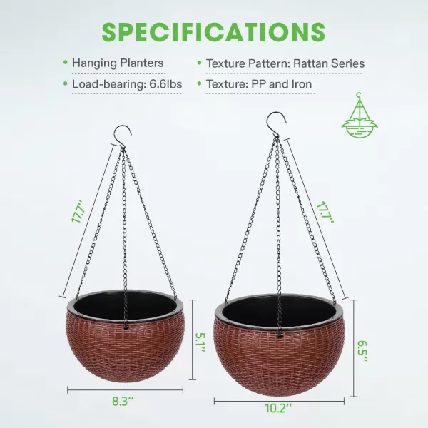 VIVOSUN Hanging Planters Self Watering Hanging Basket for Indoor Outdoor Plants Flower Plant Pot Brown, 2 Differernt Pieces 