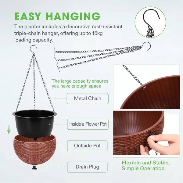 VIVOSUN Hanging Planters Self Watering Hanging Basket for Indoor Outdoor Plants Flower Plant Pot Brown, 2 Differernt Pieces 