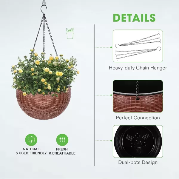VIVOSUN Hanging Planters Self Watering Hanging Basket for Indoor Outdoor Plants Flower Plant Pot Brown, 2 Differernt Pieces 