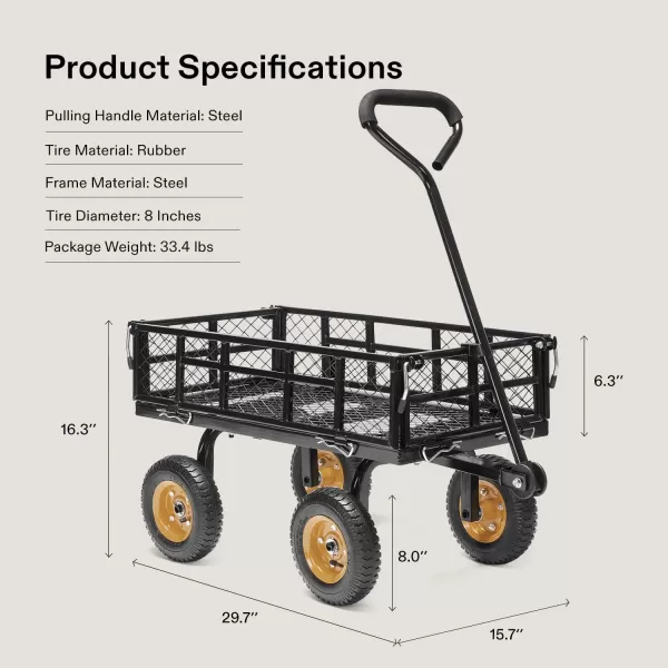 VIVOSUN Heavy-Duty Steel Garden Cart, 400-Pound Capacity, Steel Utility Garden Wagon with Removable Sides, 8" Pneumatic Tires, Black