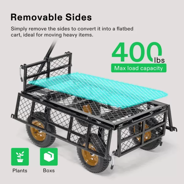 VIVOSUN Heavy-Duty Steel Garden Cart, 400-Pound Capacity, Steel Utility Garden Wagon with Removable Sides, 8" Pneumatic Tires, Black