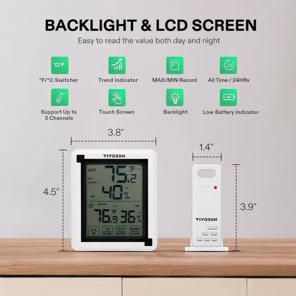VIVOSUN Indoor Outdoor Thermometer Wireless Digital Hygrometer Temperature and Humidity Monitor with Touchscreen LCD Backlight, 200ft/60m Range, Battery Included
