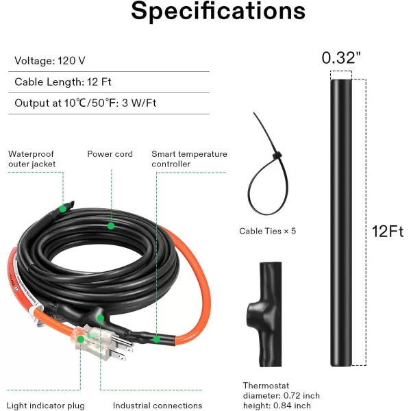 VIVOSUN JHSF Self Regulating Pre-Assembled Pipe Heating Cable 80Ft. 120V, with Built-in Thermostat, Heavy Duty &amp; Easy to Install, For Pipe Freeze Protection, Ice Dam &amp; Plants Frost Protection