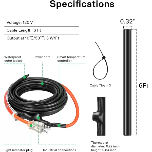 VIVOSUN JHSF Self Regulating Pre-Assembled Pipe Heating Cable 80Ft. 120V, with Built-in Thermostat, Heavy Duty &amp; Easy to Install, For Pipe Freeze Protection, Ice Dam &amp; Plants Frost Protection
