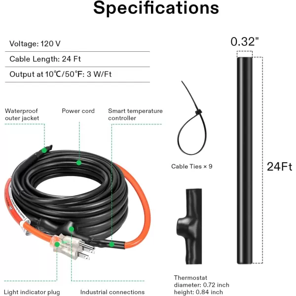 VIVOSUN JHSF Self Regulating Pre-Assembled Pipe Heating Cable 80Ft. 120V, with Built-in Thermostat, Heavy Duty &amp; Easy to Install, For Pipe Freeze Protection, Ice Dam &amp; Plants Frost Protection