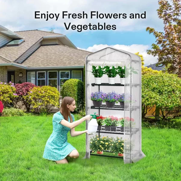 VIVOSUN Mini Lean-to Greenhouse, 6.6’ x 3.3’ x 6.9’ Portable Wall House with White PE Cover and Shelf for Compact Garden 79x39x83-Inch