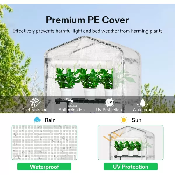 VIVOSUN Mini Lean-to Greenhouse, 6.6’ x 3.3’ x 6.9’ Portable Wall House with White PE Cover and Shelf for Compact Garden 79x39x83-Inch