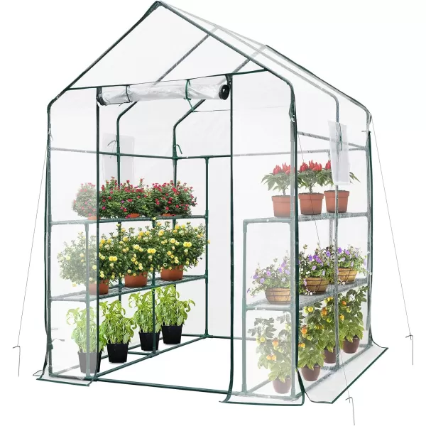 VIVOSUN Mini Lean-to Greenhouse, 6.6’ x 3.3’ x 6.9’ Portable Wall House with White PE Cover and Shelf for Compact Garden 79x39x83-Inch