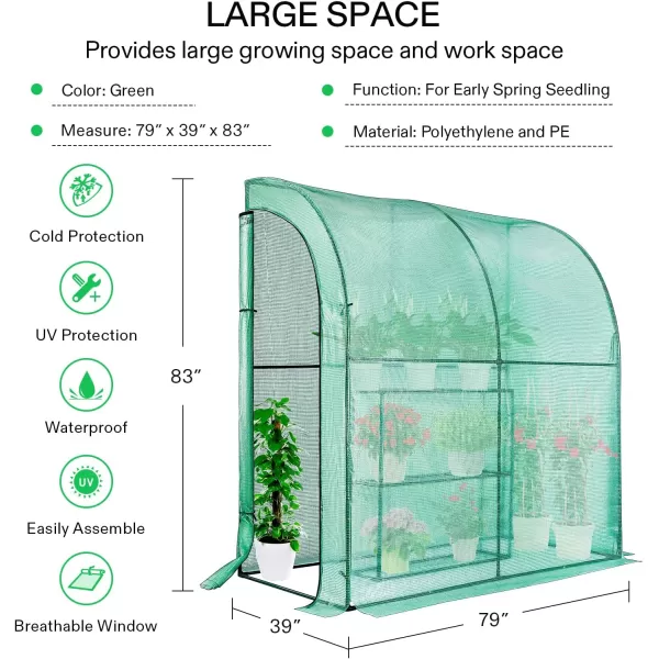 VIVOSUN Mini Lean-to Greenhouse, 6.6’ x 3.3’ x 6.9’ Portable Wall House with White PE Cover and Shelf for Compact Garden 79x39x83-Inch