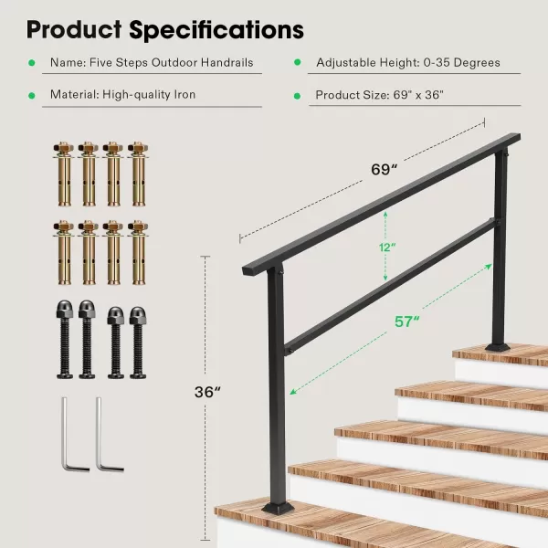 VIVOSUN Outdoor Handrail, 4-5 Step Stair Handrail, 54" x 36" Fits 1 to 5 Steps, Wrought Mattle Iron Stair Railing with Curved End and Balusters for Concrete Step, Porch Steps, One-step Assembly, Black