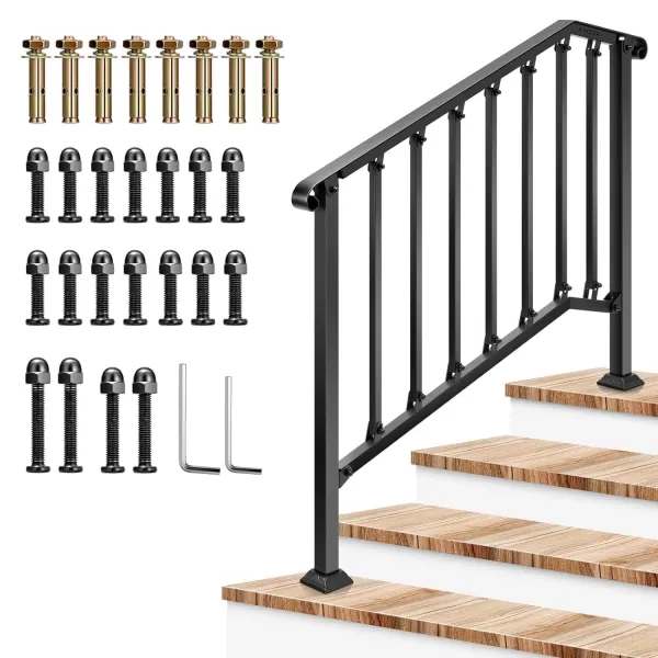VIVOSUN Outdoor Handrail, 4-5 Step Stair Handrail, 54" x 36" Fits 1 to 5 Steps, Wrought Mattle Iron Stair Railing with Curved End and Balusters for Concrete Step, Porch Steps, One-step Assembly, Black