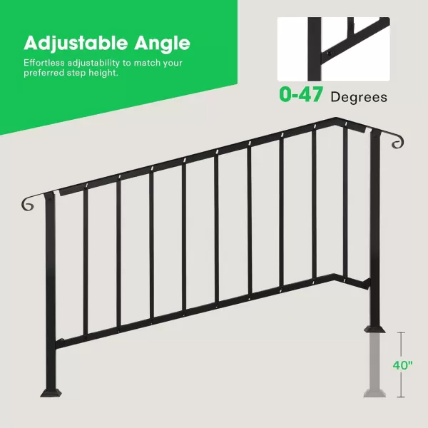 VIVOSUN Outdoor Handrail, 4-5 Step Stair Handrail, 54" x 36" Fits 1 to 5 Steps, Wrought Mattle Iron Stair Railing with Curved End and Balusters for Concrete Step, Porch Steps, One-step Assembly, Black