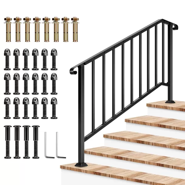 VIVOSUN Outdoor Handrail, 4-5 Step Stair Handrail, 54" x 36" Fits 1 to 5 Steps, Wrought Mattle Iron Stair Railing with Curved End and Balusters for Concrete Step, Porch Steps, One-step Assembly, Black