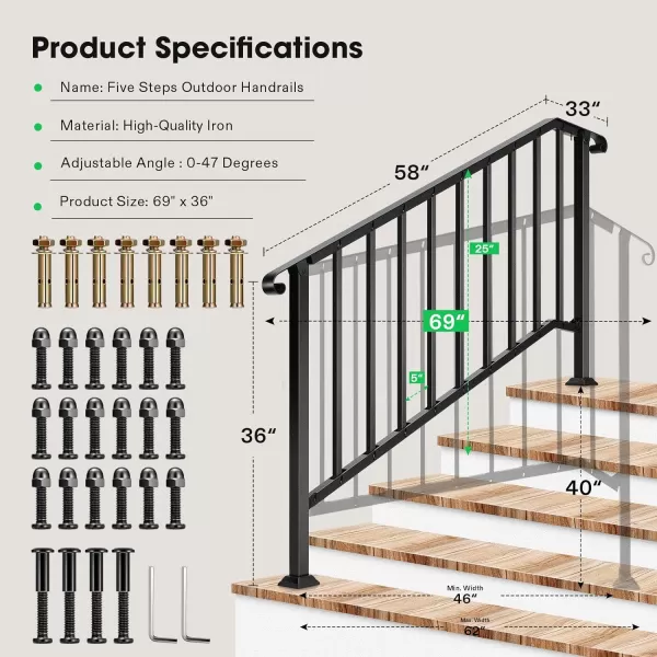 VIVOSUN Outdoor Handrail, 4-5 Step Stair Handrail, 54" x 36" Fits 1 to 5 Steps, Wrought Mattle Iron Stair Railing with Curved End and Balusters for Concrete Step, Porch Steps, One-step Assembly, Black