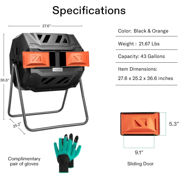 VIVOSUN Outdoor Tumbling Composter Dual Rotating Batch Compost Bin, 43 Gallon Orange Door