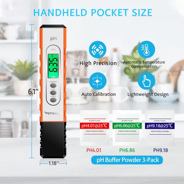 VIVOSUN PH Meter Digital PH Tester Pen 0.01 High Accuracy Water Quality Tester with 0-14 PH Measurement Range for Hydroponics, Household Drinking, Pool and Aquarium, with ATC, Orange
