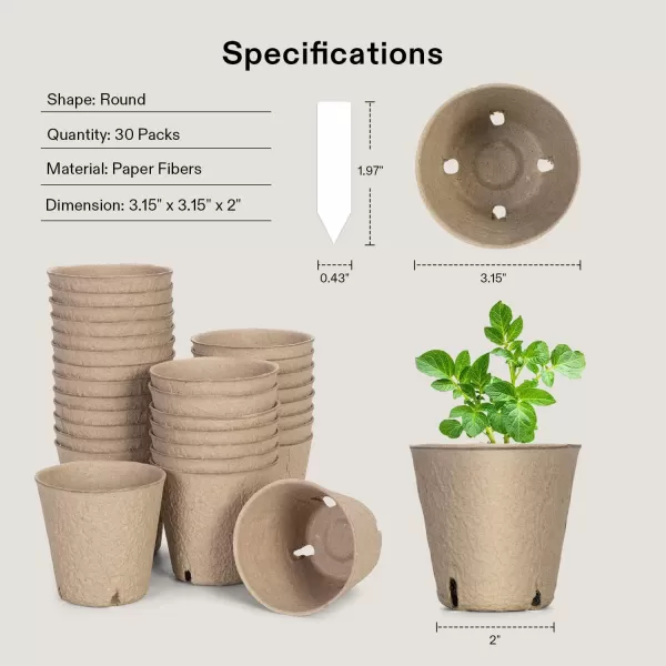 VIVOSUN Peat Pots, 30 Packs 3.15-Inch Seed Starting Pots with Drainage Holes, Round Nursery Pot, 20 Plant Labels for Flowers, Plants, Vegetables, 30Pcs