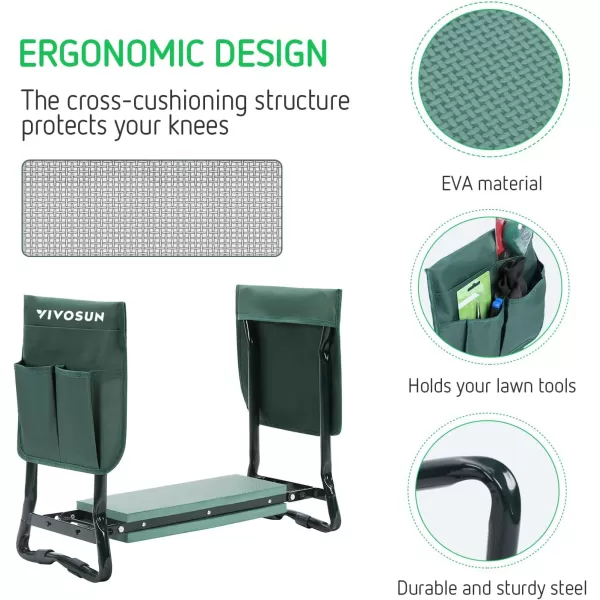 VIVOSUN Portable Garden Kneeler Seat Foldable Garden Bench with EVA Foam Pad 2 Tool Bags for Outdoor Gardening, Green