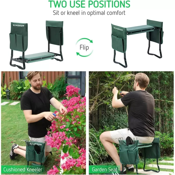 VIVOSUN Portable Garden Kneeler Seat Foldable Garden Bench with EVA Foam Pad 2 Tool Bags for Outdoor Gardening, Green