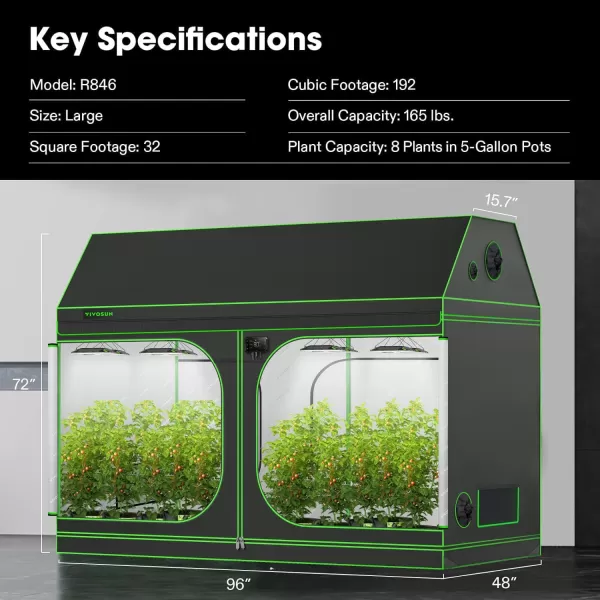 VIVOSUN R446 4x4 Grow Tent, 48"x48"x72" Roof Cube Tent with Observation Window and Floor Tray for Hydroponics Indoor Plant for VS4000/VSF4300