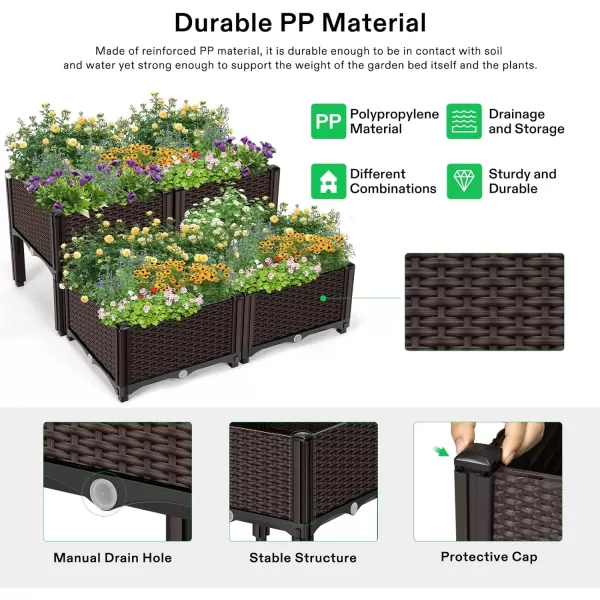 VIVOSUN Raised Garden Bed Planter Kit, Indoor Outdoor Plastic Planter Grow Box for Flower Vegetable, Brown, Set of 4