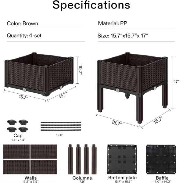 VIVOSUN Raised Garden Bed Planter Kit, Indoor Outdoor Plastic Planter Grow Box for Flower Vegetable, Brown, Set of 4