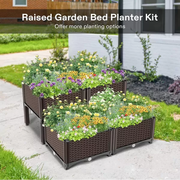 VIVOSUN Raised Garden Bed Planter Kit, Indoor Outdoor Plastic Planter Grow Box for Flower Vegetable, Brown, Set of 4