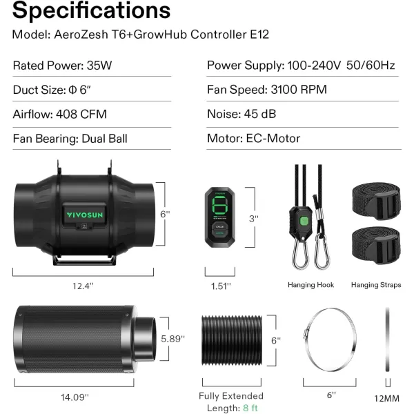 VIVOSUN Smart Air Filtration G4 Kit 4", AeroZesh G4 Inline Duct Fan with E12 Speed Controller, Carbon Filter &amp; 8' Ducting, Cooling &amp; Ventilation System for Grow Tents, Indoor Gardening, Hydroponics