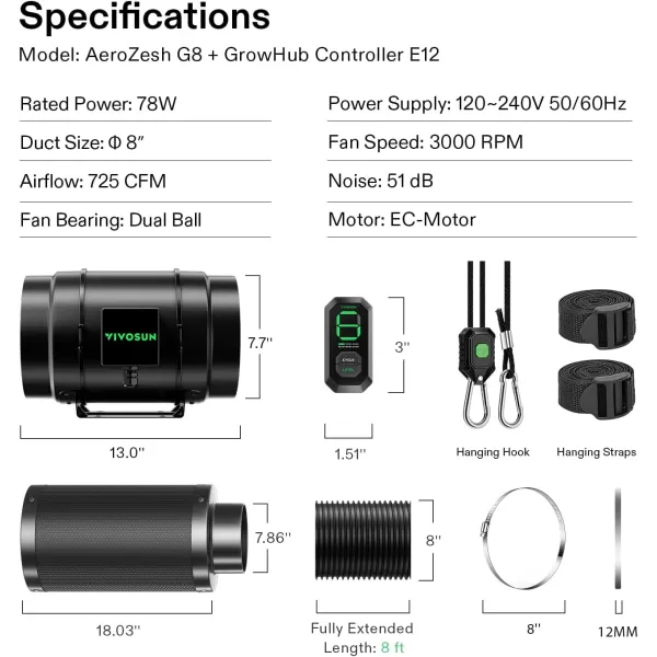 VIVOSUN Smart Air Filtration G4 Kit 4", AeroZesh G4 Inline Duct Fan with E12 Speed Controller, Carbon Filter &amp; 8' Ducting, Cooling &amp; Ventilation System for Grow Tents, Indoor Gardening, Hydroponics
