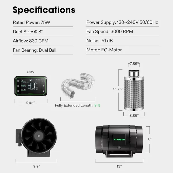 VIVOSUN Smart Air Filtration PRO S4 Kit 4", AeroZesh S4 Inline Duct Fan w/GrowHub E42A Temp. Humidity WiFi-Controller, Carbon Filter &amp; Ducting, Cooling &amp; Ventilation System for Grow Tent, Hydroponics
