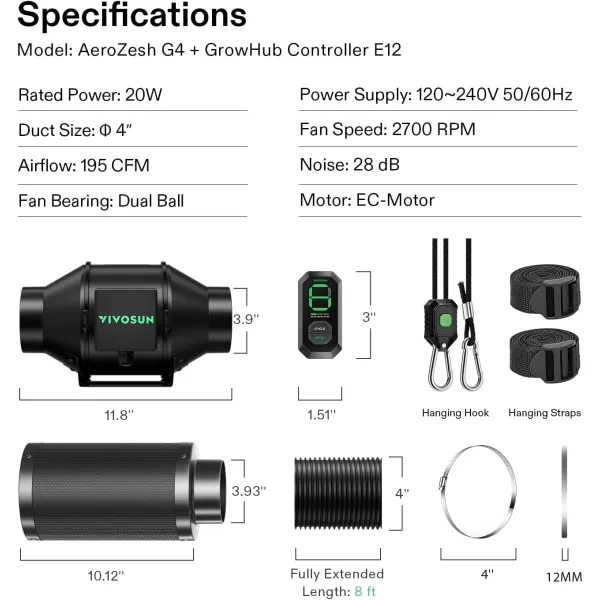 VIVOSUN Smart Air Filtration T6 Kit 6", AeroZesh T6 Inline Duct Fan with E12 Speed Controller, Carbon Filter &amp; 8' Ducting, Cooling &amp; Ventilation System for Grow Tents, Indoor Gardening, Hydroponics